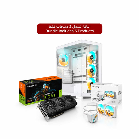 باقة جيجابايت للألعاب - كرت شاشة GeForce RTX 5070 SFF + مبرد AIO + كيس C500 أبيض