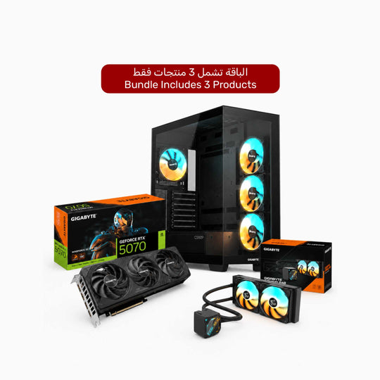 باقة جيجابايت للأداء - كرت شاشة GeForce RTX 5070 SFF + مبرد مائي AIO + كيس C500 اسود