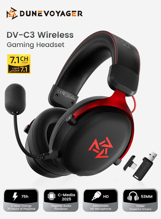 DuneVoyager C3 Wireless Gaming Headset 53mm Drivers 1500mAh Black
